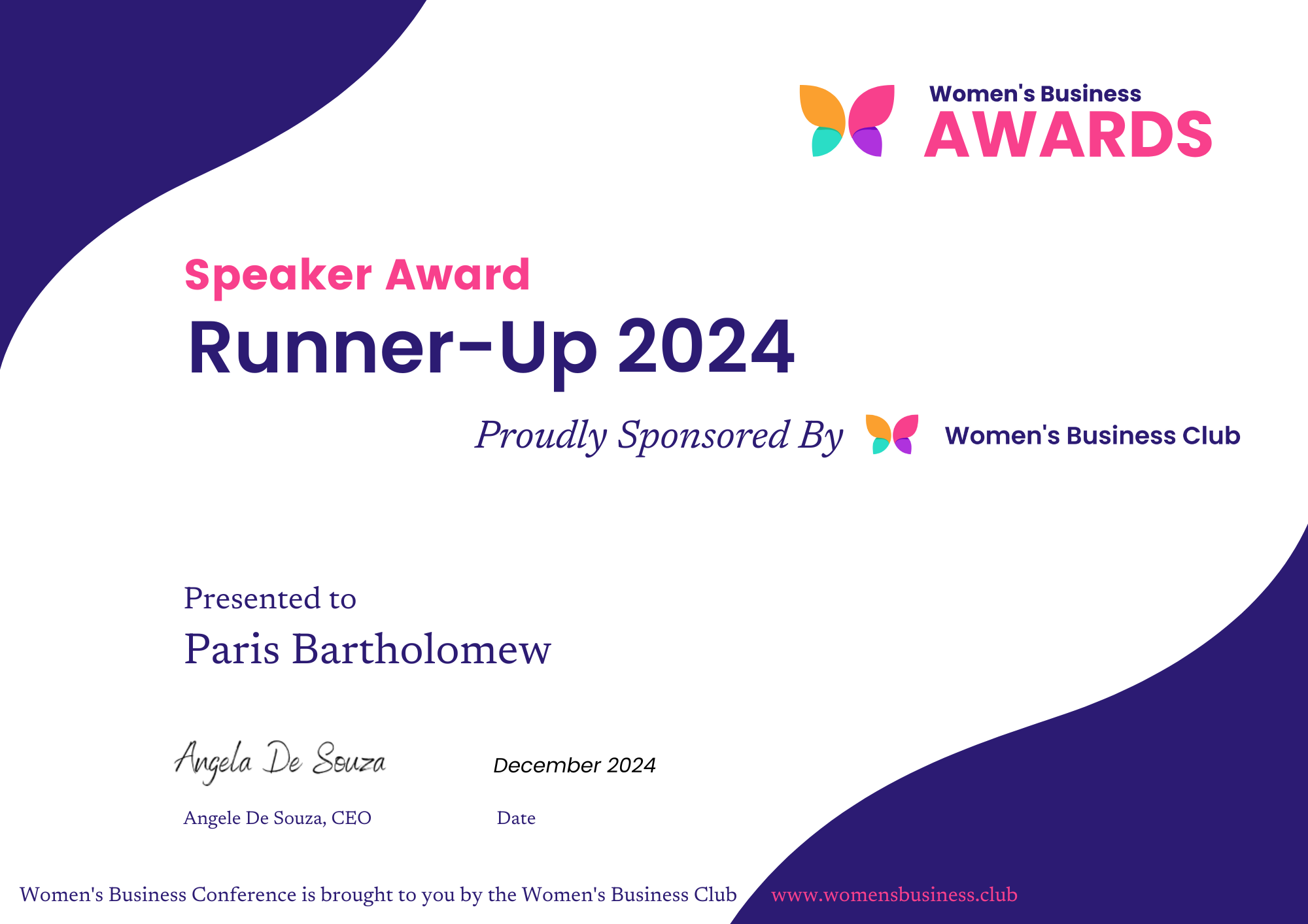 Paris Bartholomew, WBA Speaker of the Year Award